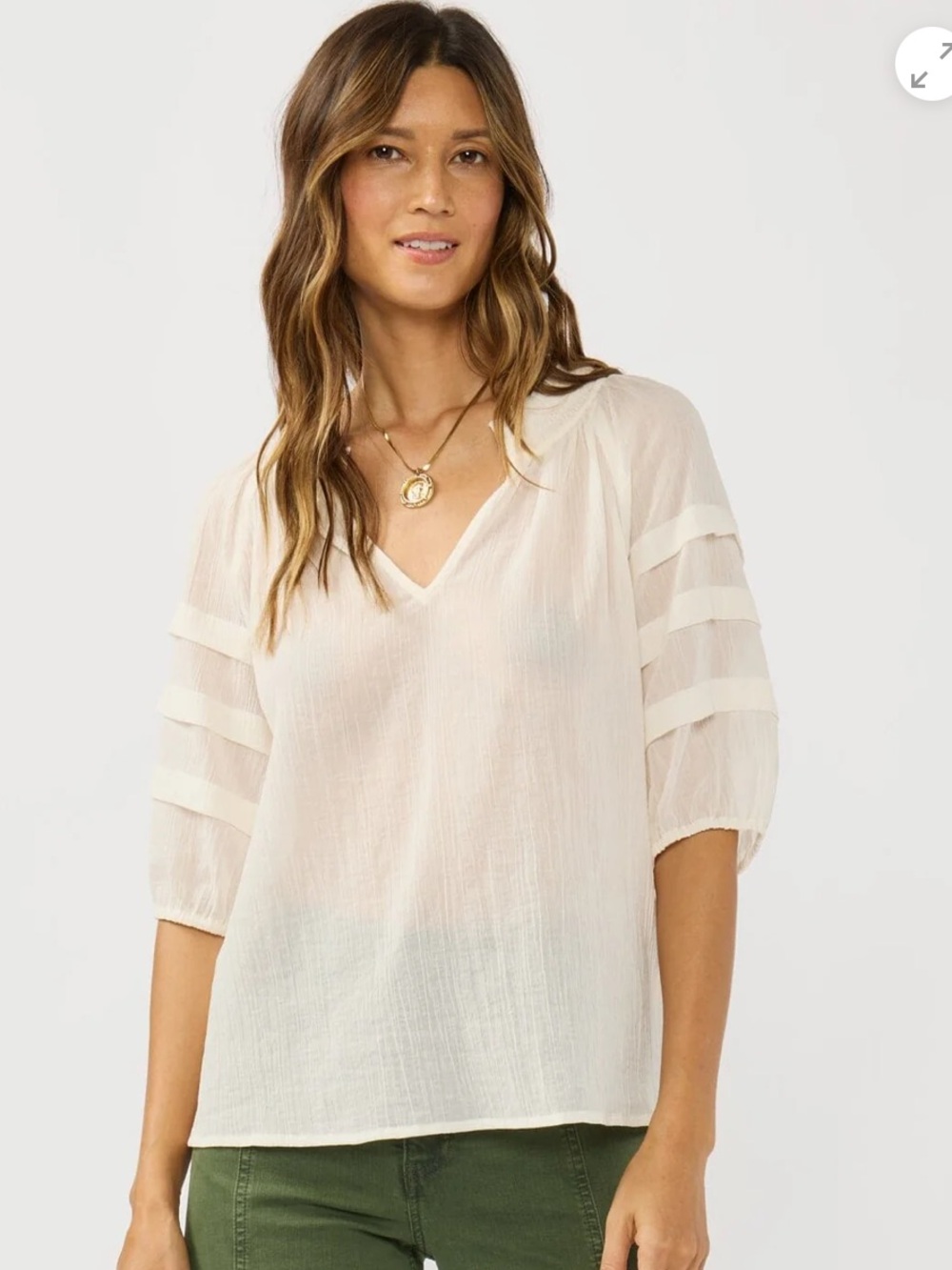 Lightweight Boho Cream V-Neck Blouse with Sheer Paneled Sleeves